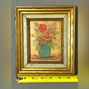 Vintage Framed Floral Oil Painting Signed‎ Small 7.5 x 6.5 x1"